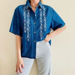 Vintage Outback Rider Denim Embroidered Button Down Shirt Large Boho Western Top